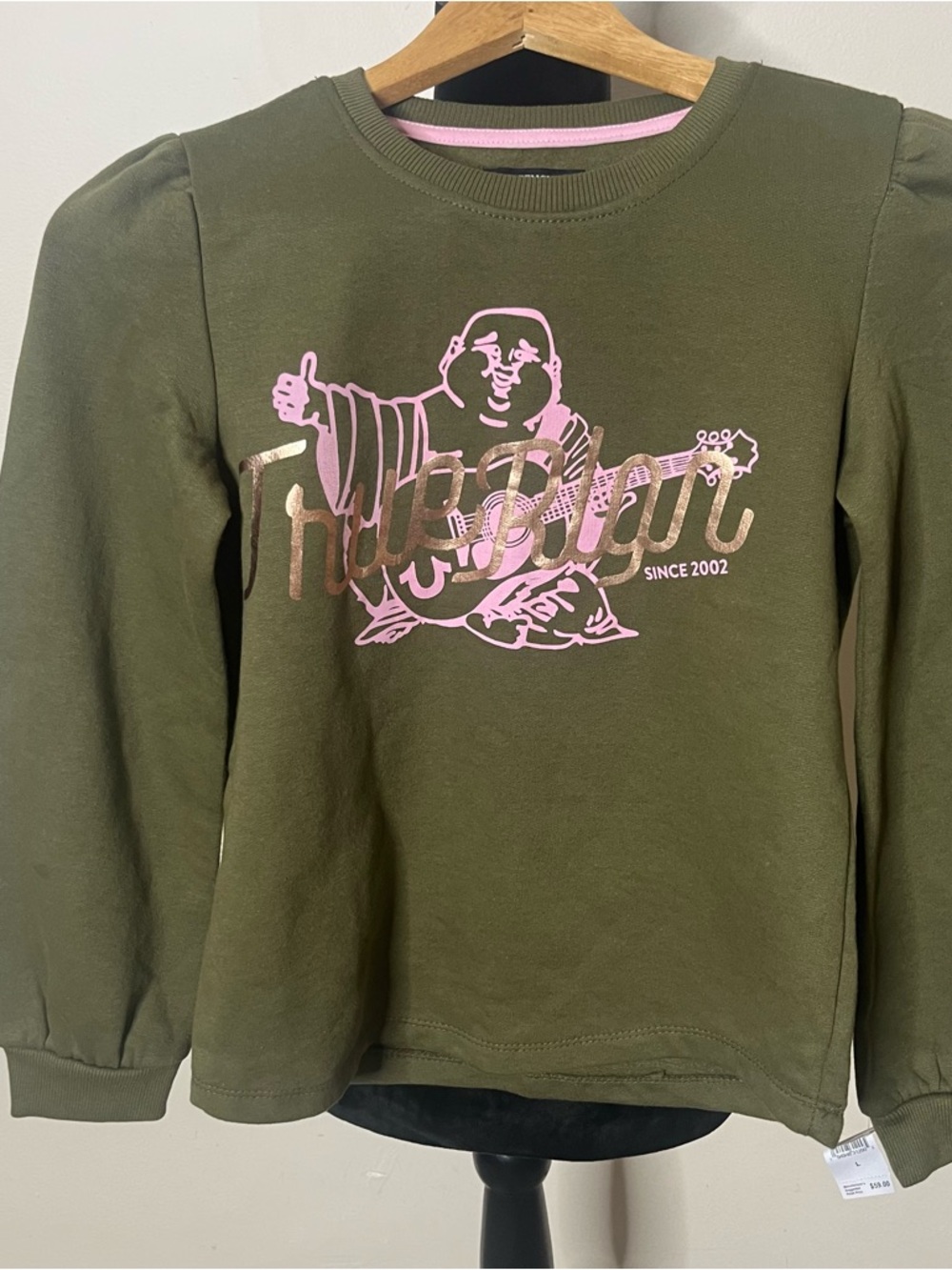 True Religion Girls Sz L Olive Green Pink Foil Logo‎ Graphic Sweatshirt NWT